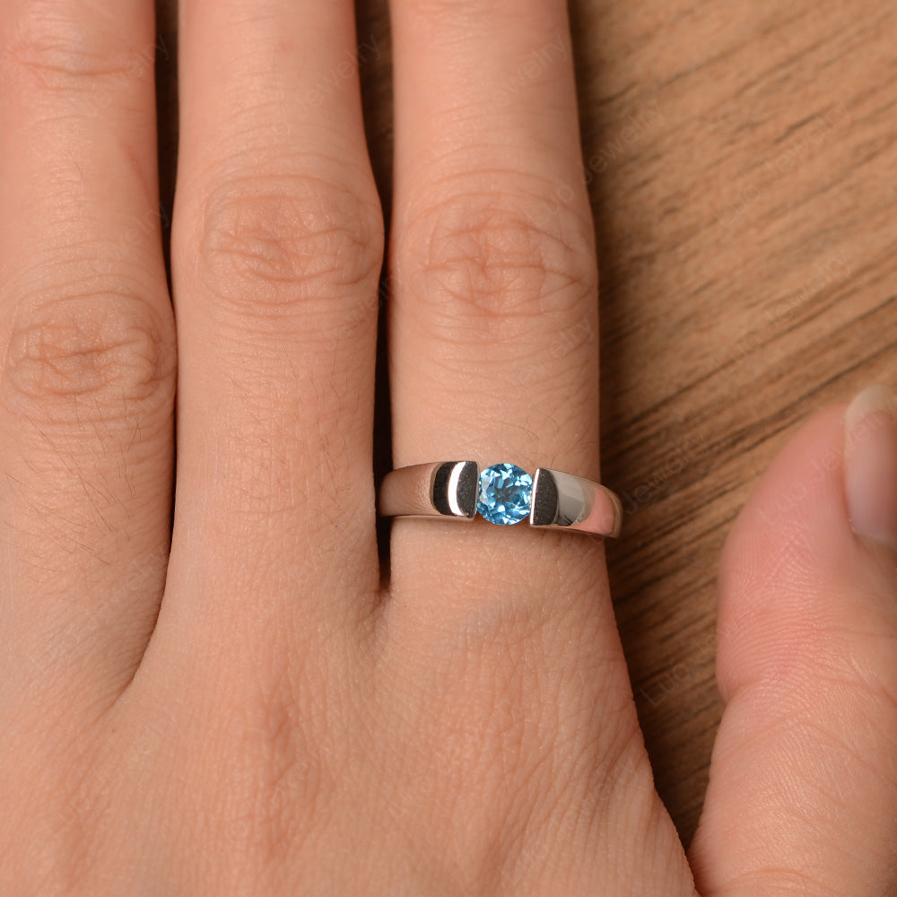 Swiss Blue Topaz Solitaire Wide Band Ring Yellow Gold - LUO Jewelry