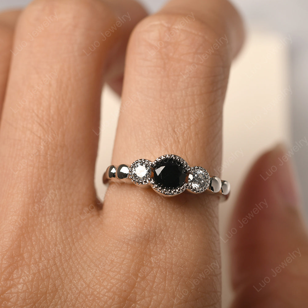 3 Stone Bezel Set Ring Black Spinel Mothers Ring - LUO Jewelry