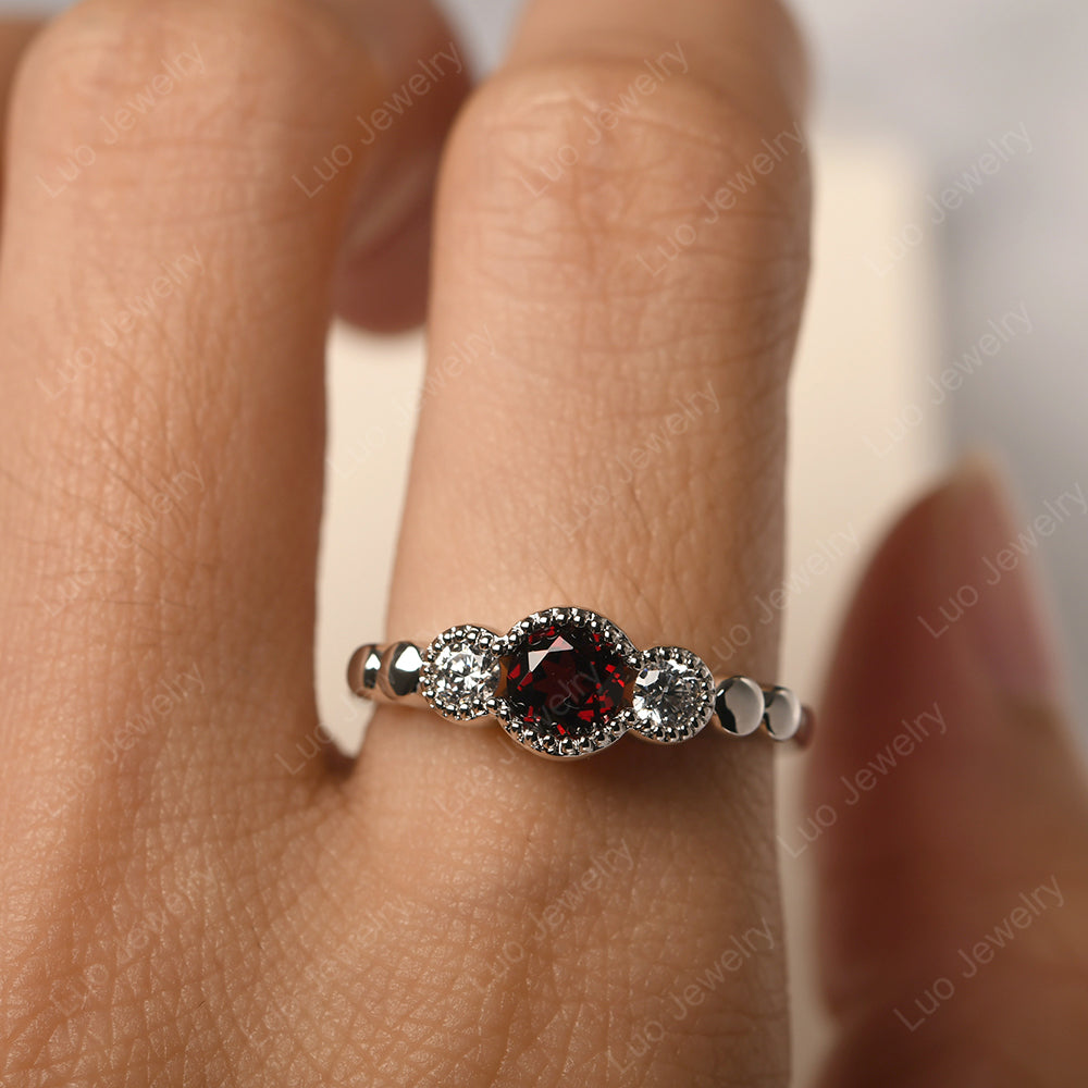 3 Stone Bezel Set Ring Garnet Mothers Ring - LUO Jewelry