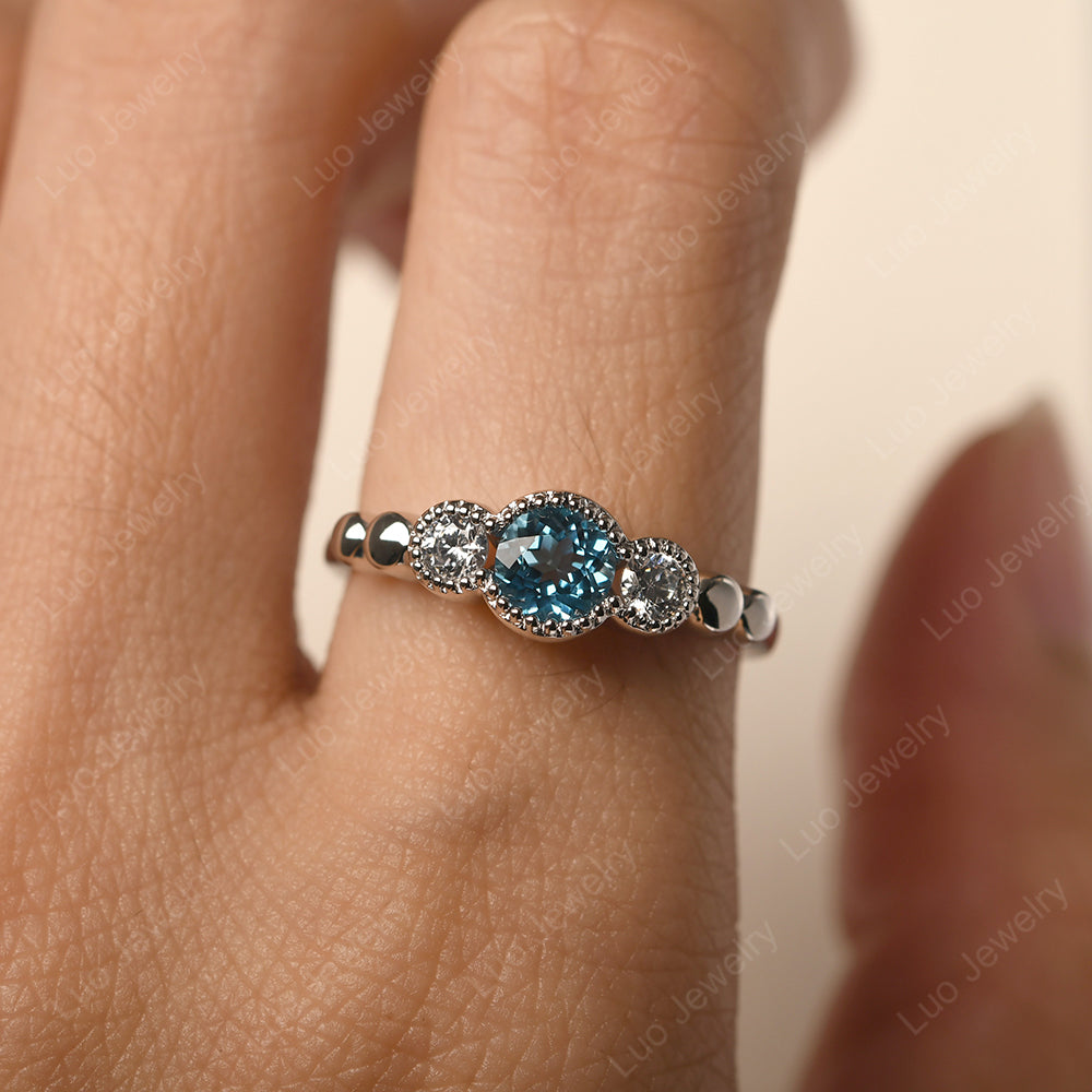3 Stone Bezel Set Ring Swiss Blue Topaz Mothers Ring - LUO Jewelry
