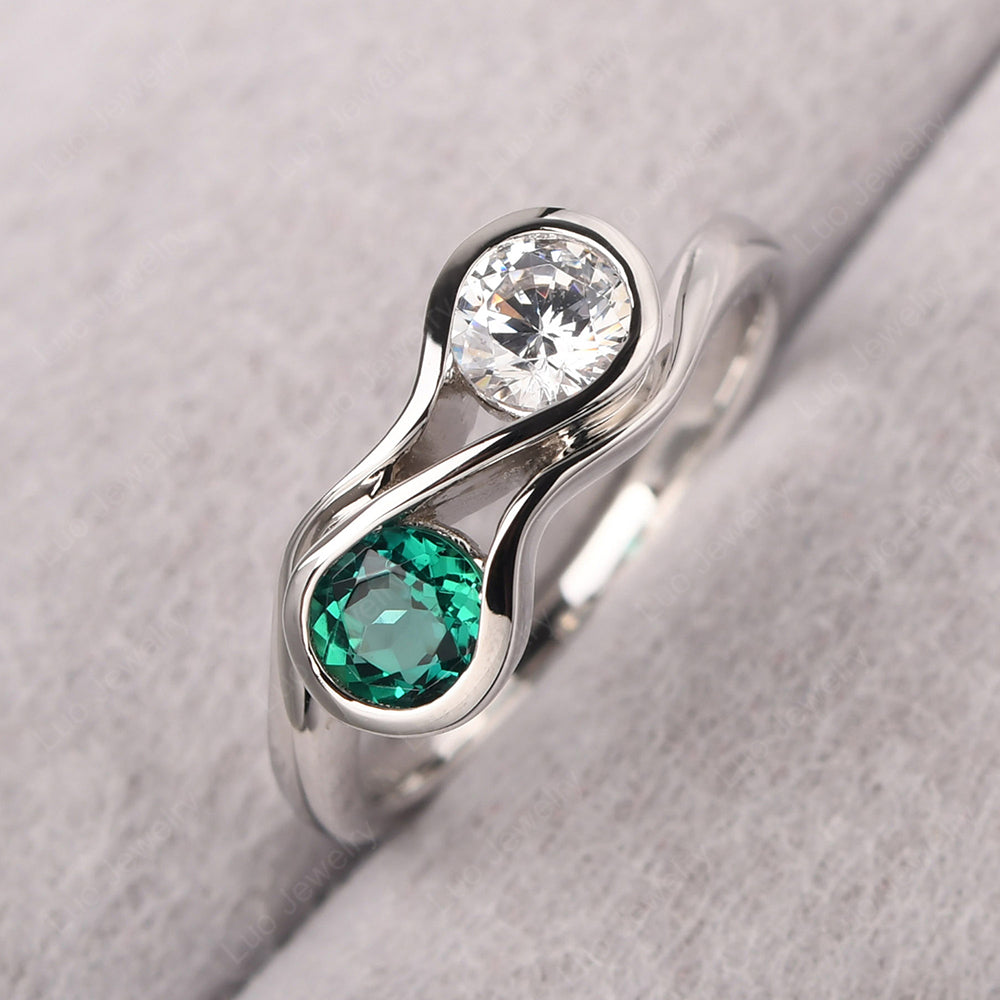 Emerald And Cubic Zirconia Ring Double Stone Engagement Ring - LUO Jewelry