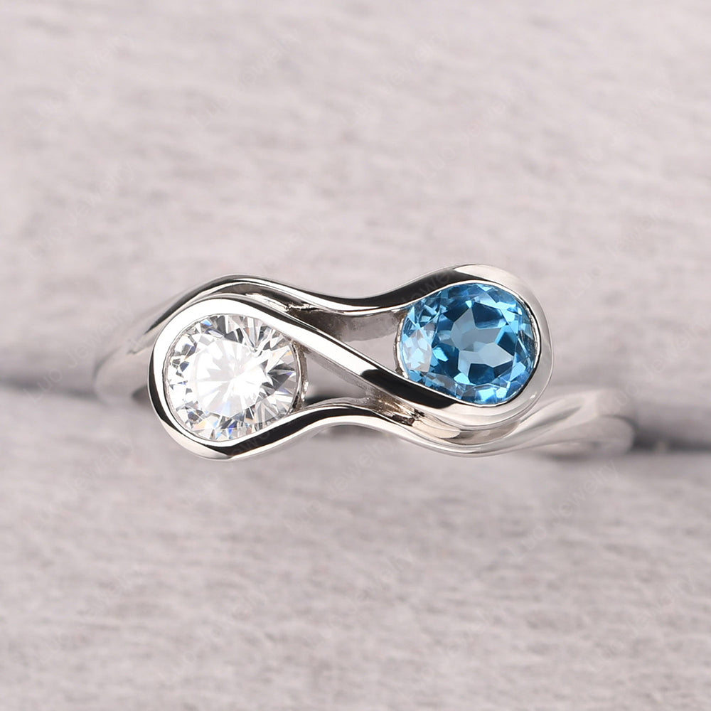 Swiss Blue Topaz And Cubic Zirconia Ring Double Stone Engagement Ring - LUO Jewelry
