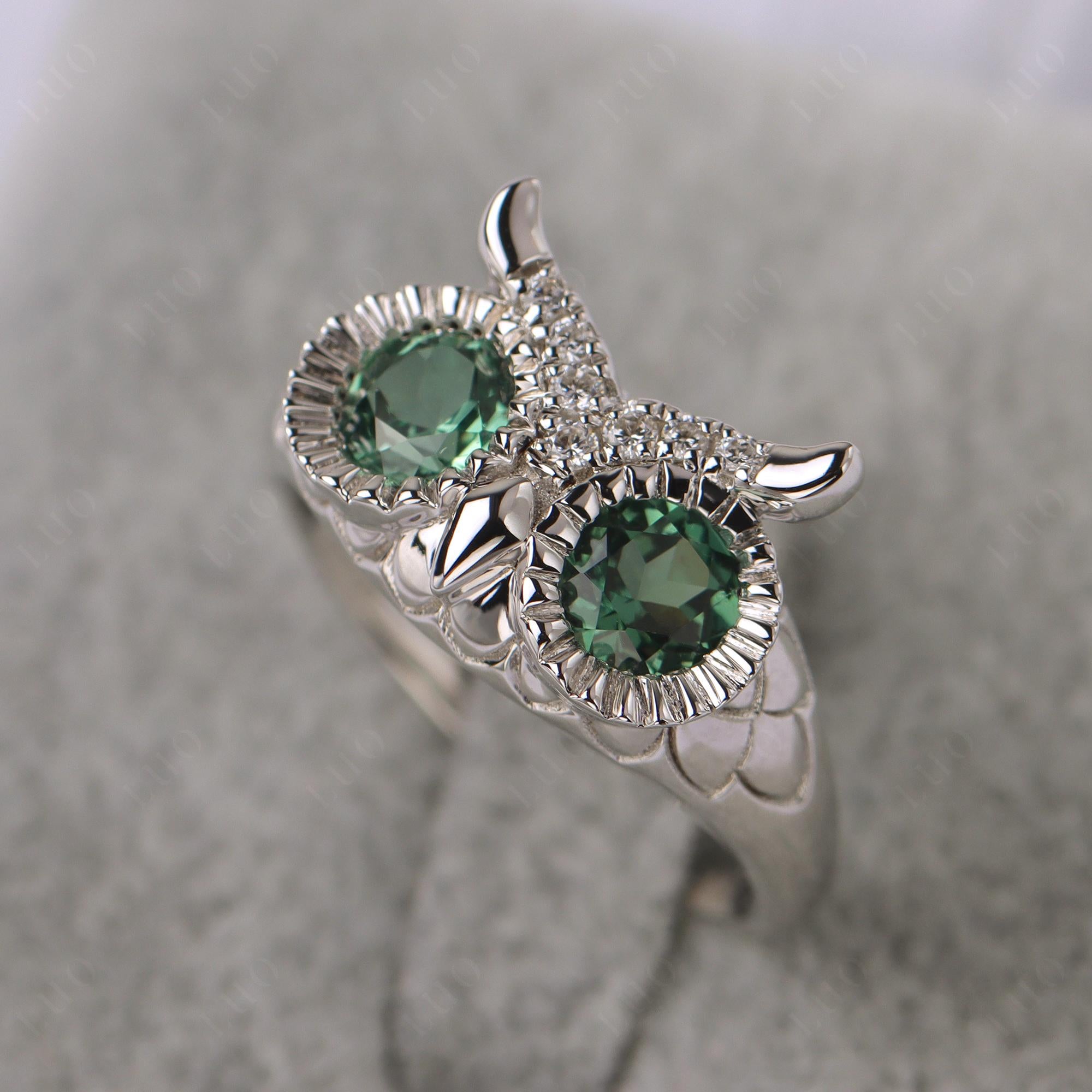 Lab Green Sapphire Owl Ring - LUO Jewelry