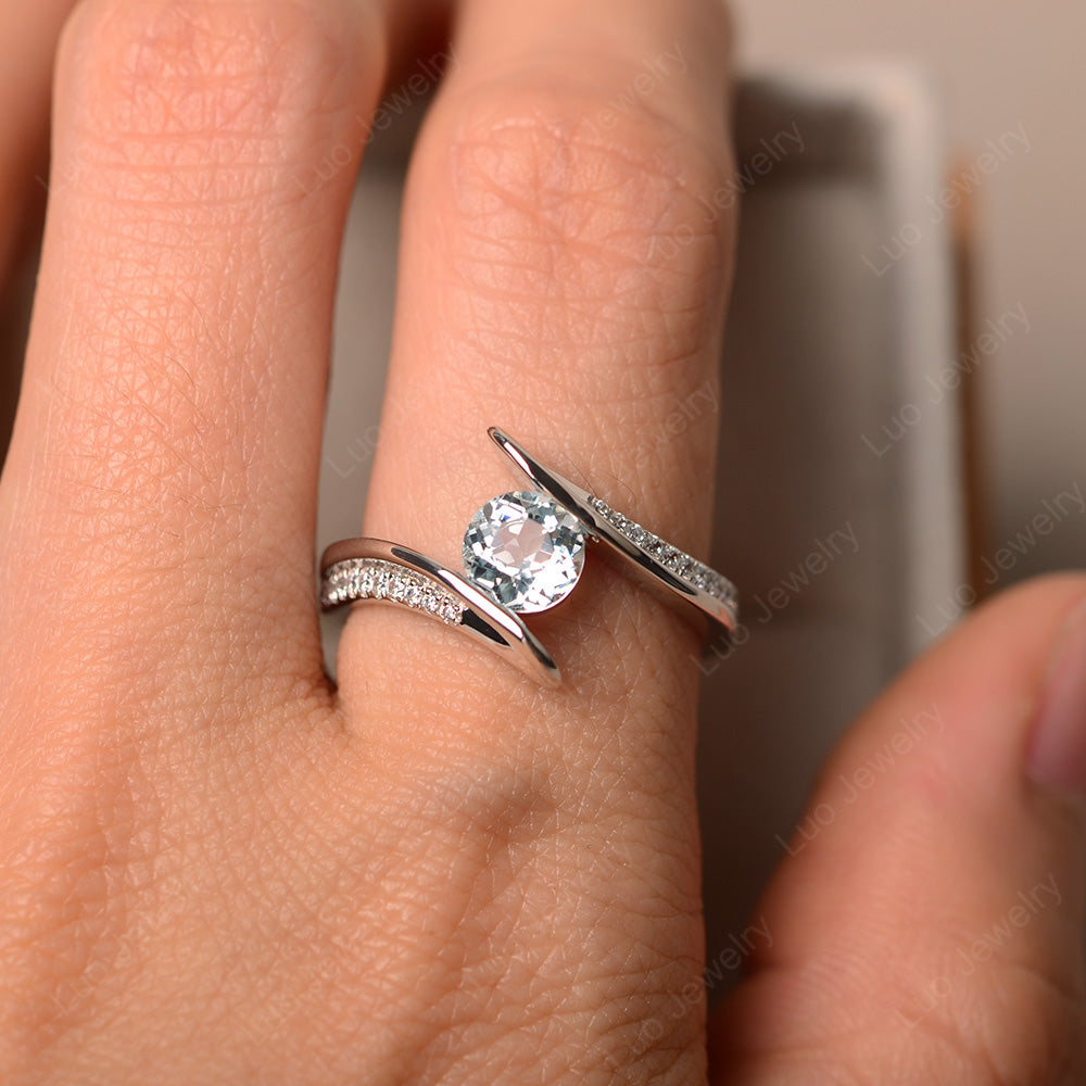 Dainty Aquamarine Engagement Ring Half Bezel Set - LUO Jewelry