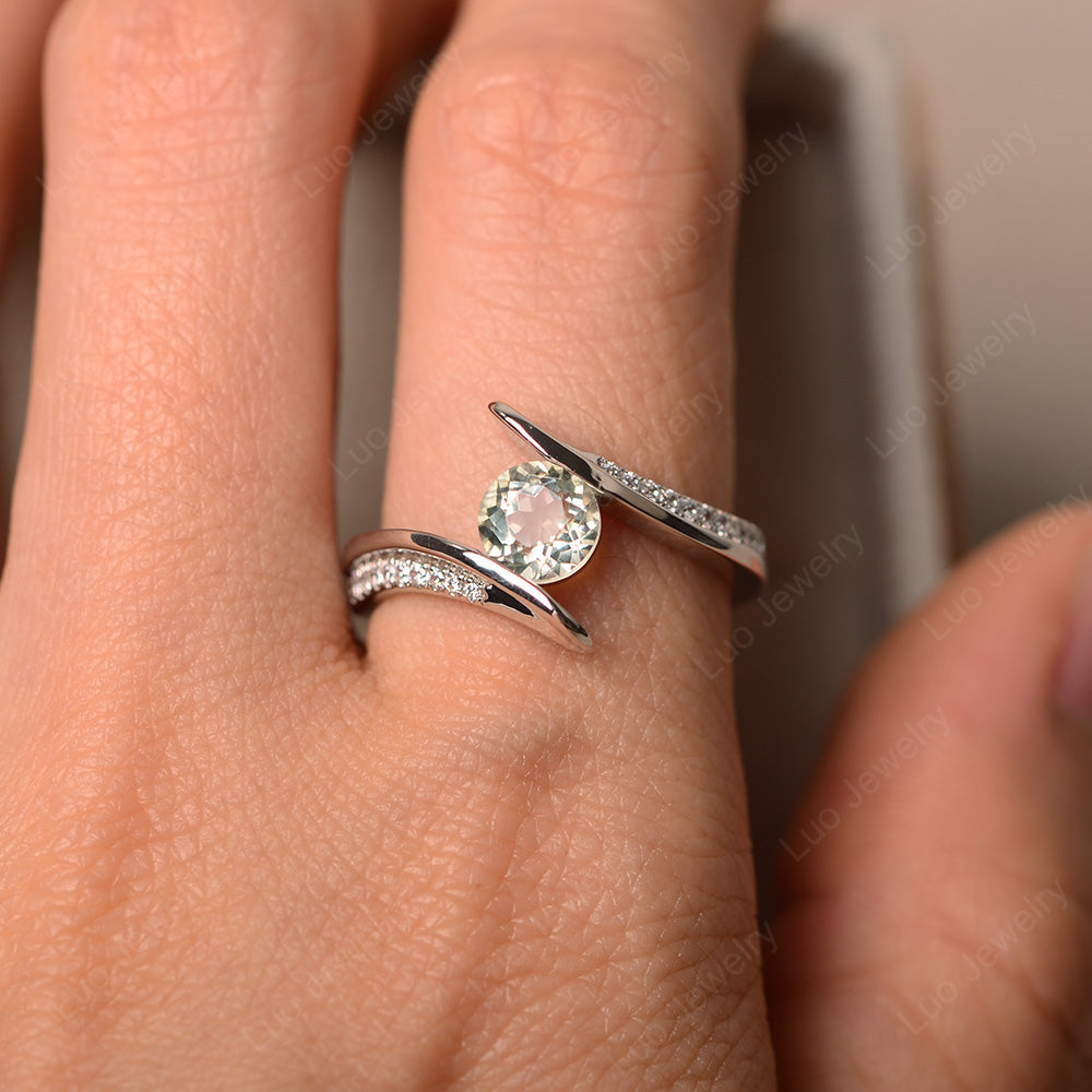 Dainty Green Amethyst Engagement Ring Half Bezel Set - LUO Jewelry