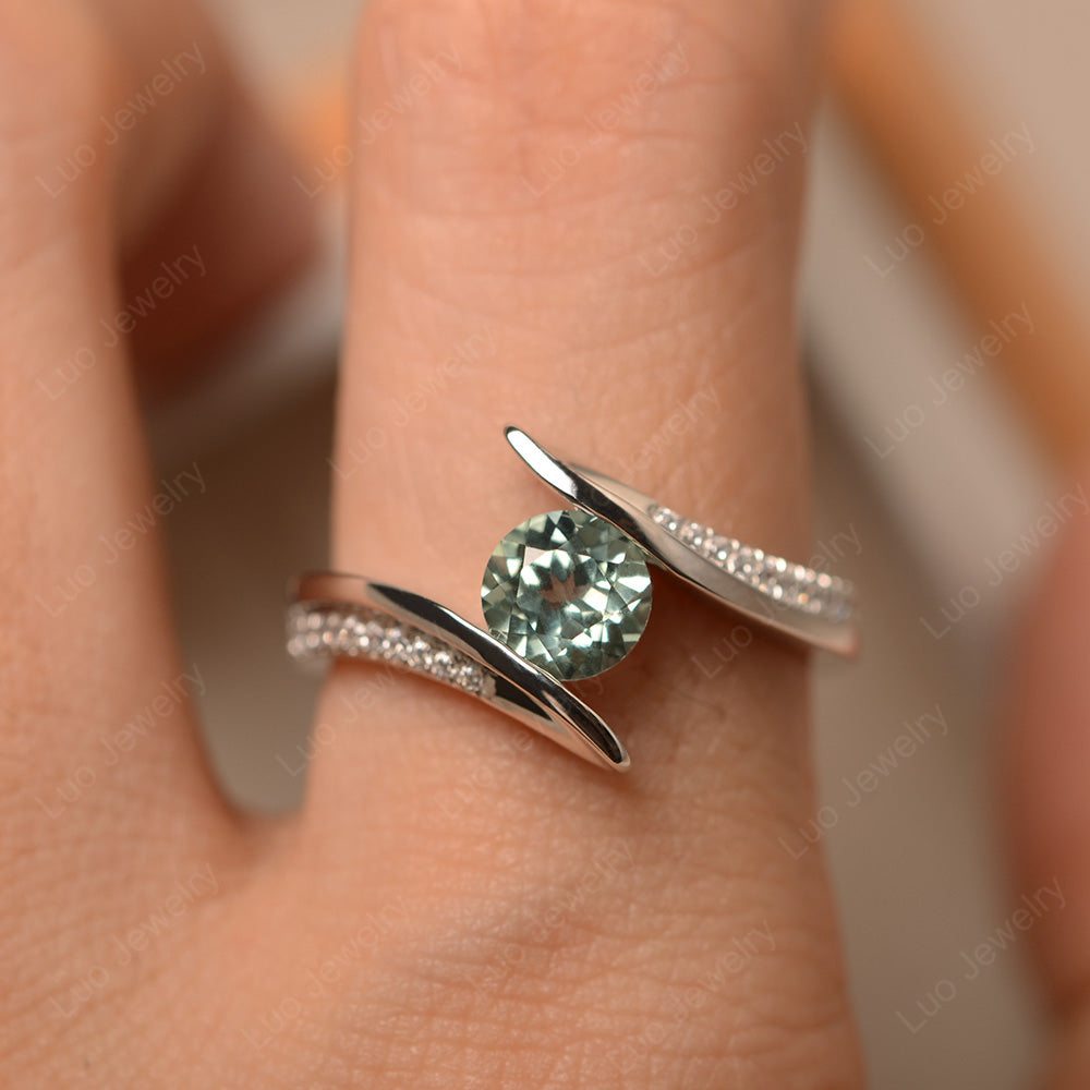 Dainty Green Sapphire Engagement Ring Half Bezel Set - LUO Jewelry