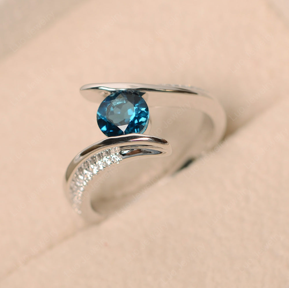 Dainty London Blue Topaz Engagement Ring Half Bezel Set - LUO Jewelry