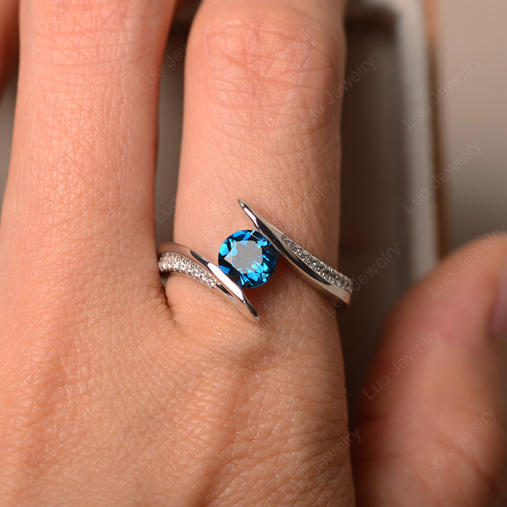 Dainty London Blue Topaz Engagement Ring Half Bezel Set - LUO Jewelry