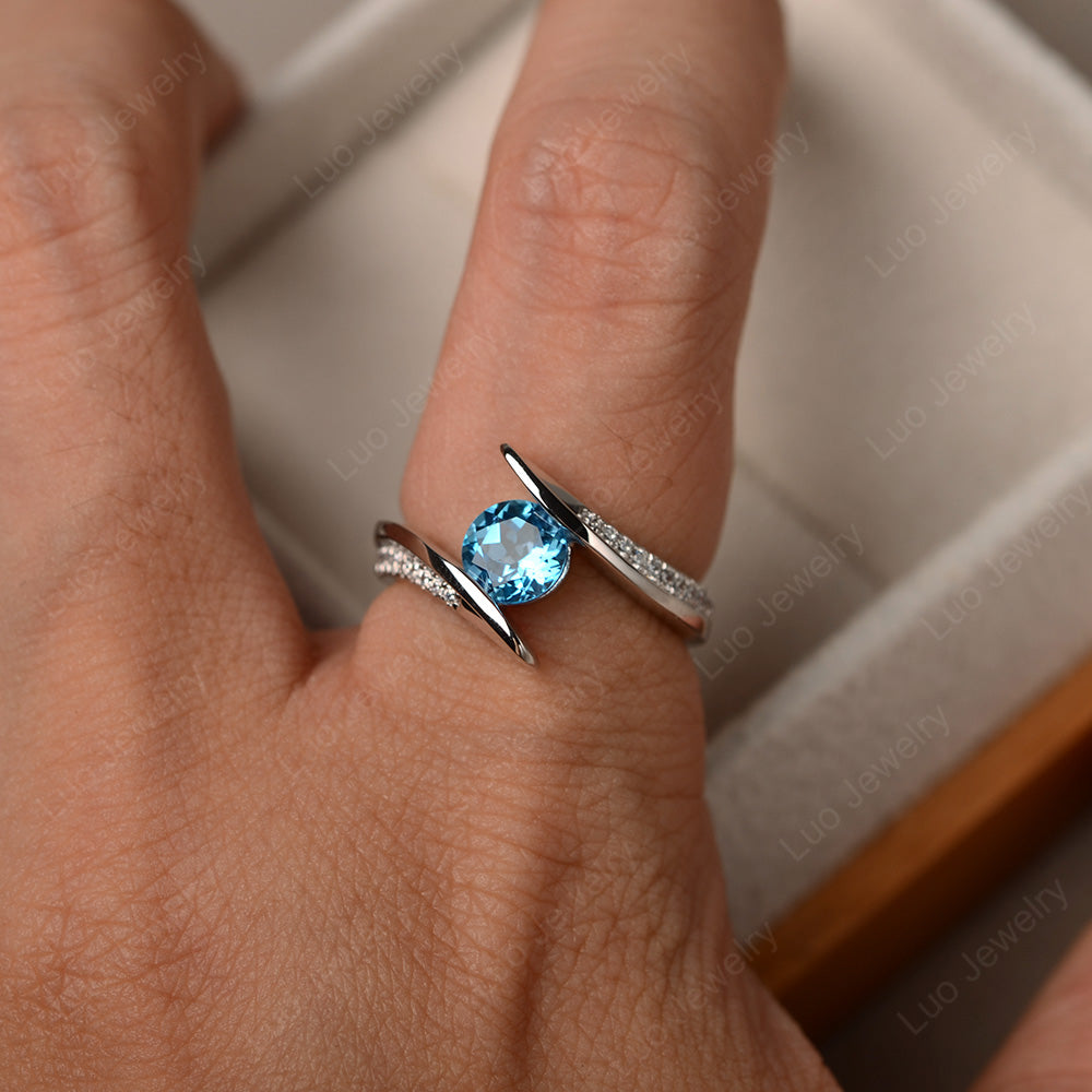 Dainty Swiss Blue Topaz Engagement Ring Half Bezel Set - LUO Jewelry