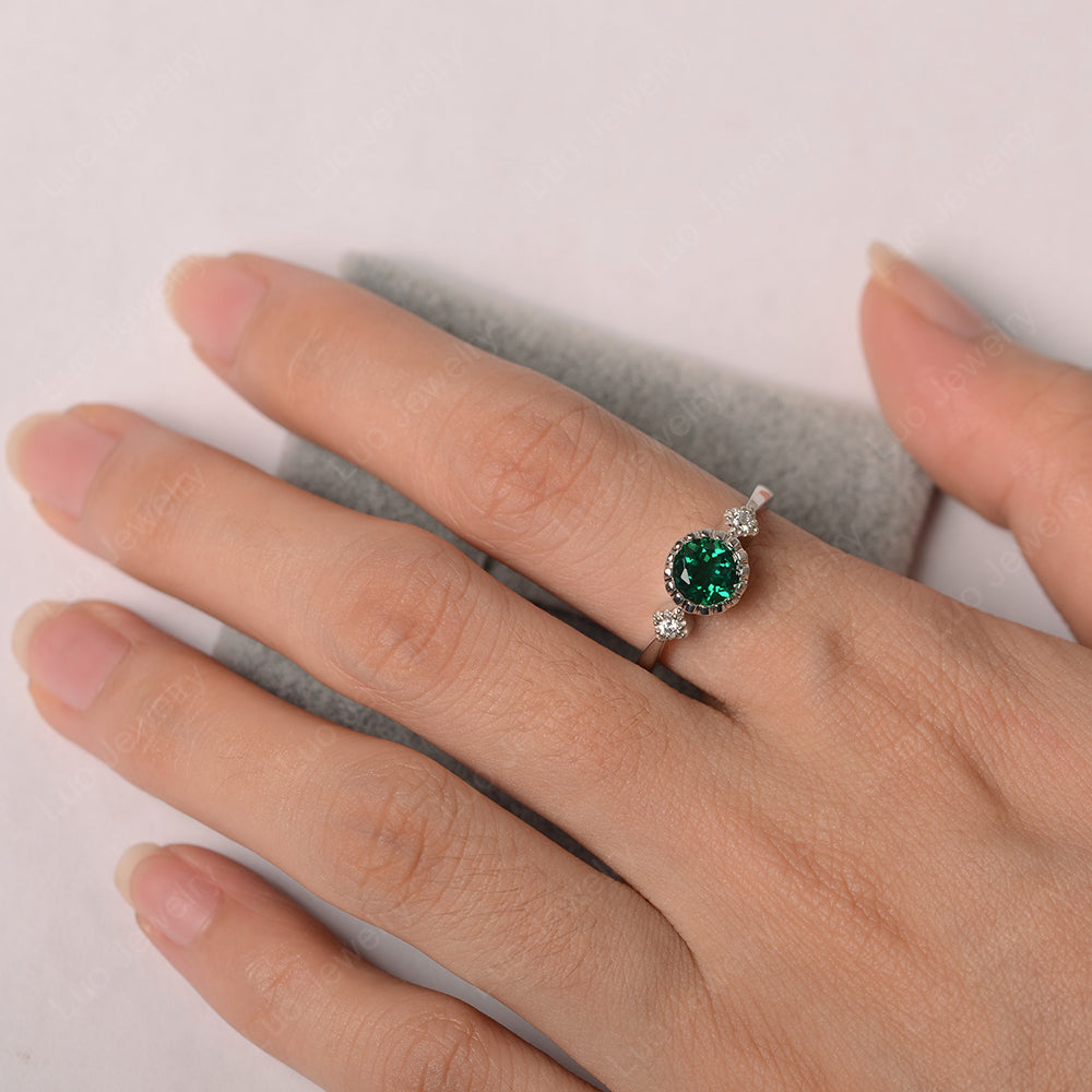 Vintage Lab Emerald Ring Bezel Set Art Deco - LUO Jewelry