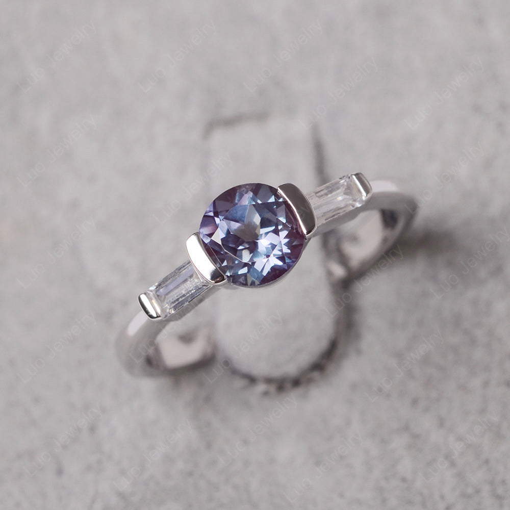 Alexandrite Ring Round Cut With Baguette Side - LUO Jewelry