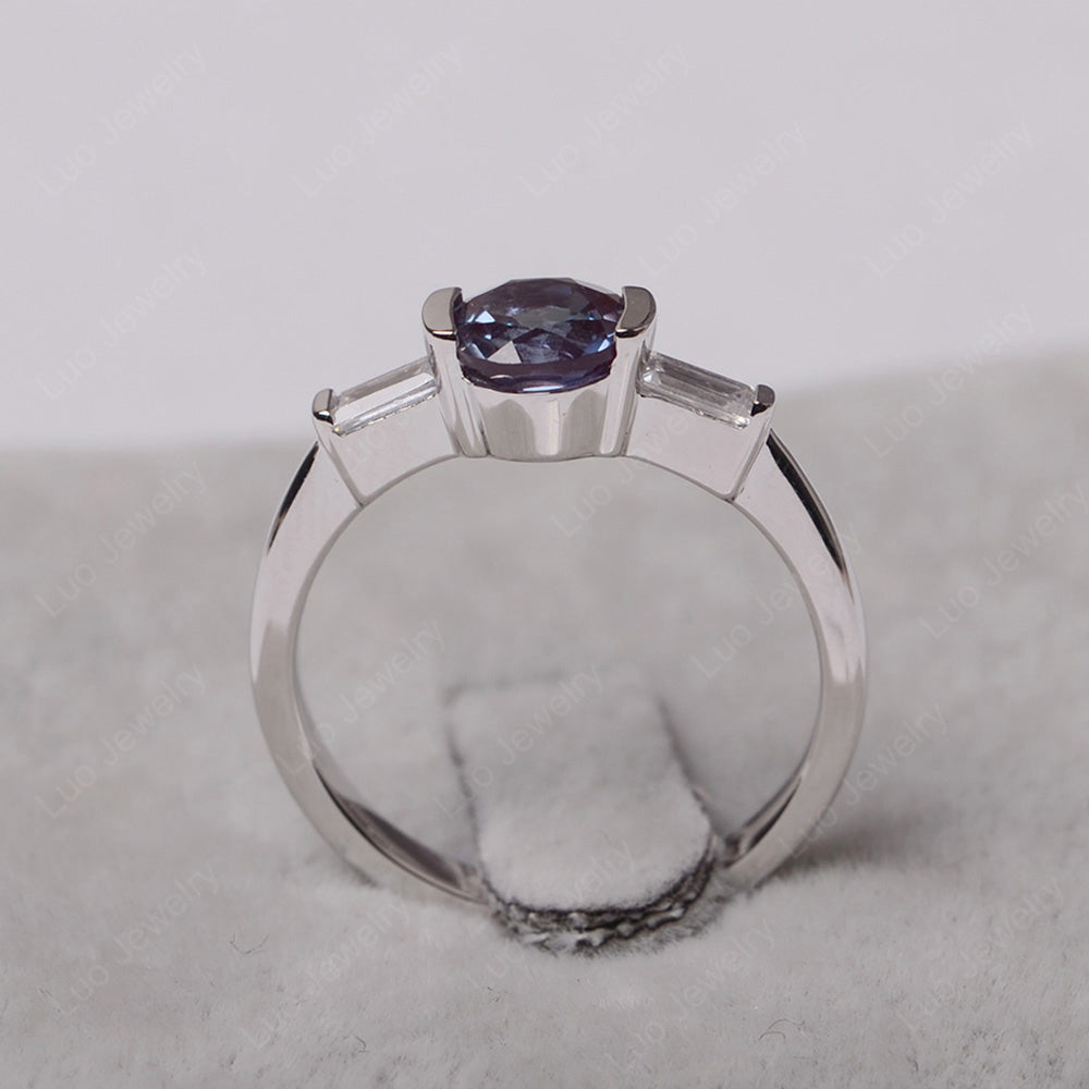 Alexandrite Ring Round Cut With Baguette Side - LUO Jewelry