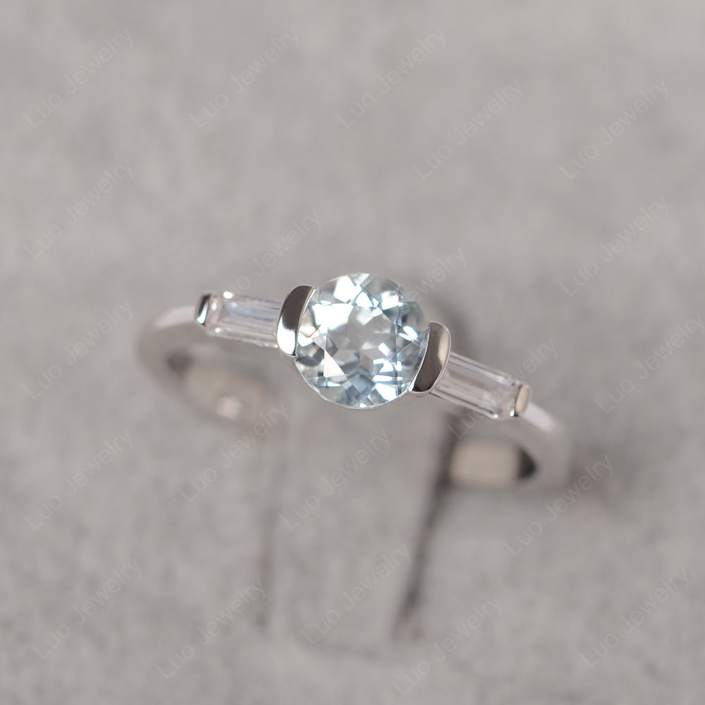 Aquamarine Ring Round Cut With Baguette Side - LUO Jewelry
