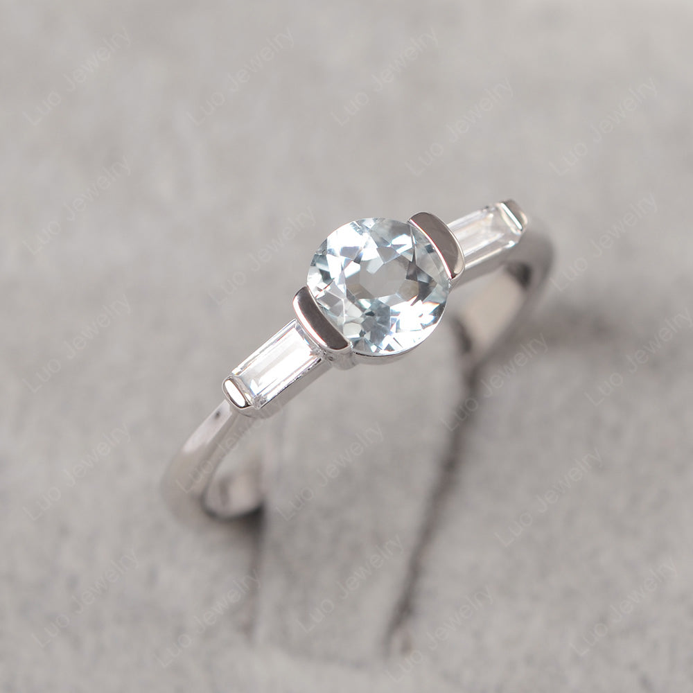 Aquamarine Ring Round Cut With Baguette Side - LUO Jewelry