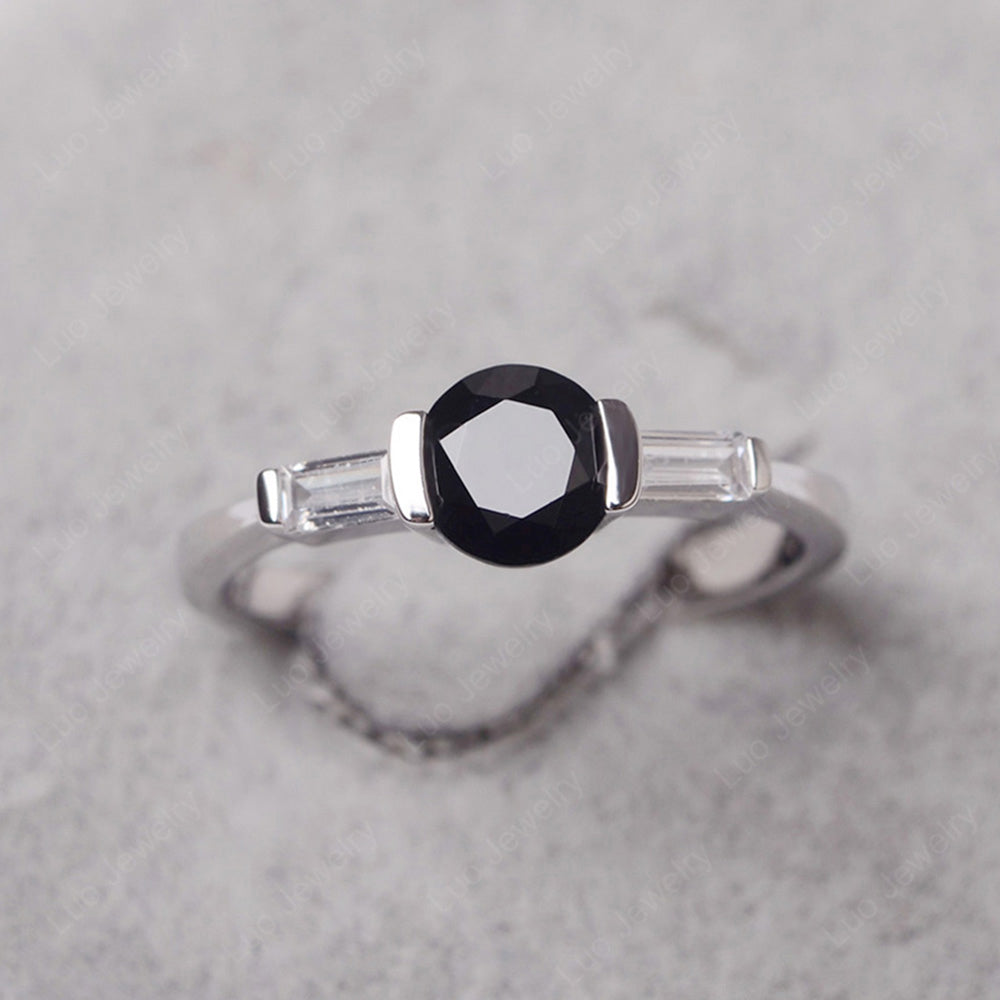 Black Spinel Ring Round Cut With Baguette Side - LUO Jewelry