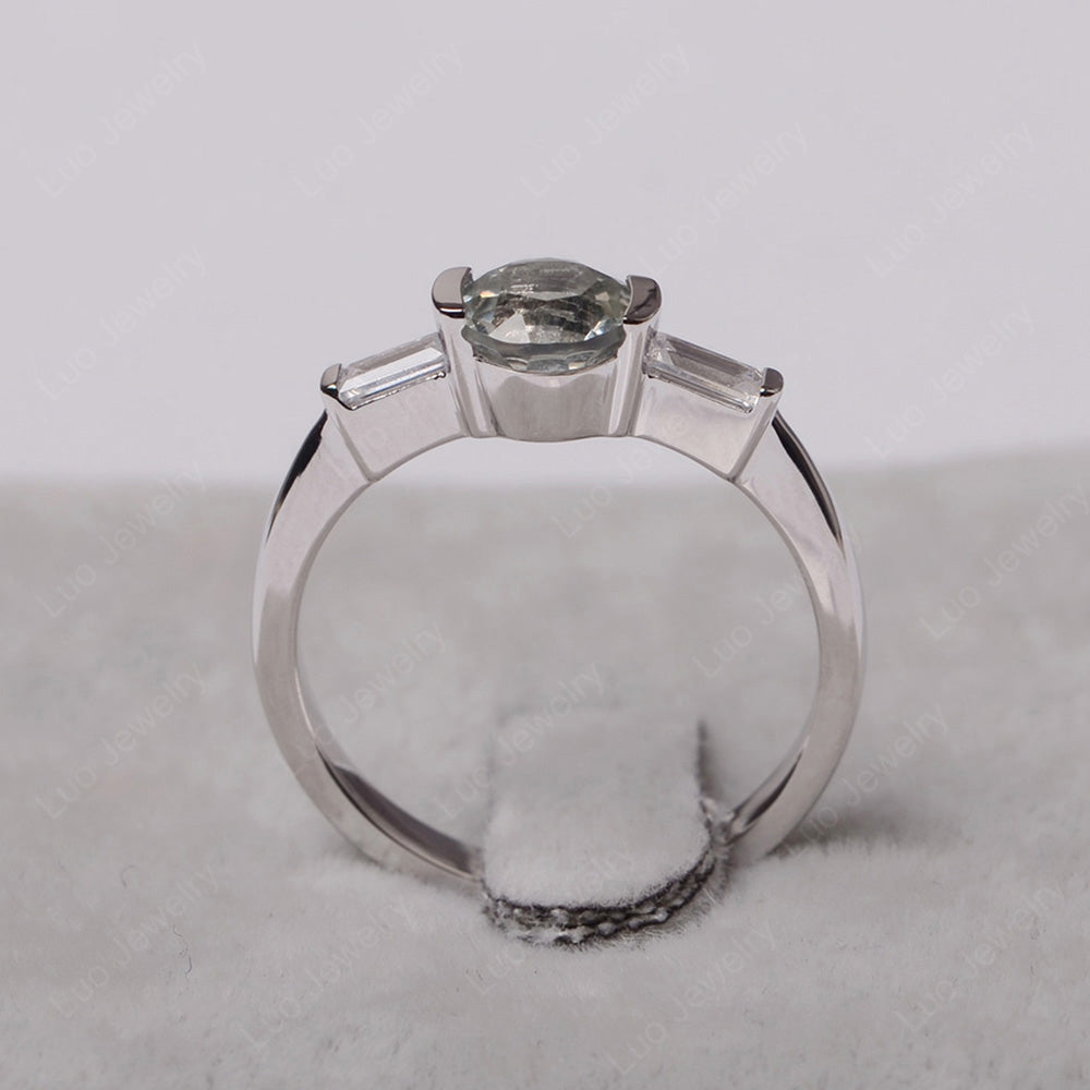 Green Amethyst Ring Round Cut With Baguette Side - LUO Jewelry