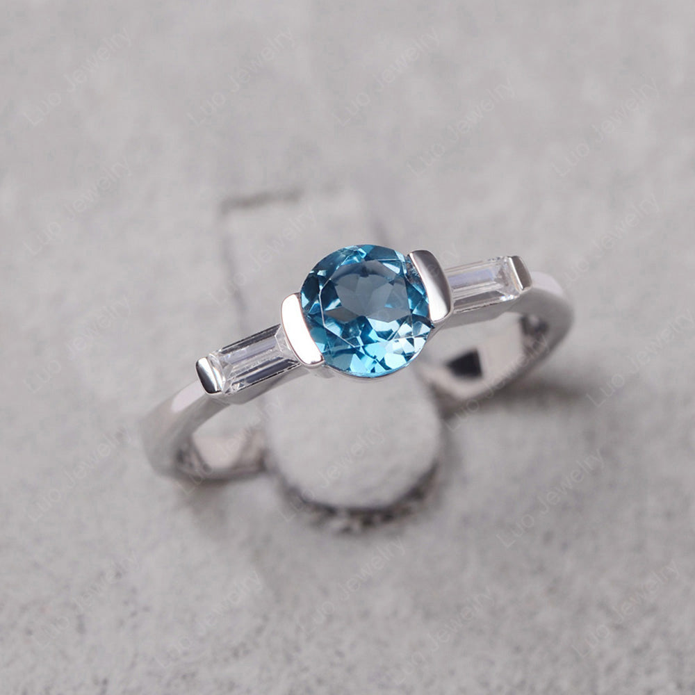London Blue Topaz Ring Round Cut With Baguette Side - LUO Jewelry
