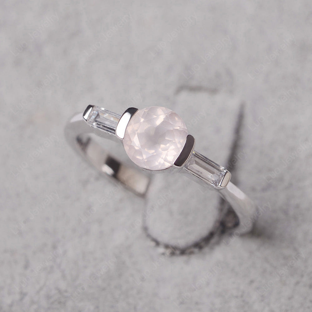 Rose Quartz Ring Round Cut With Baguette Side - LUO Jewelry