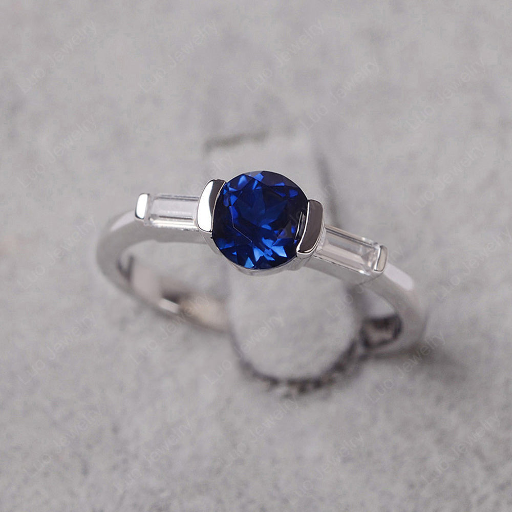 Lab Sapphire Ring Round Cut With Baguette Side - LUO Jewelry
