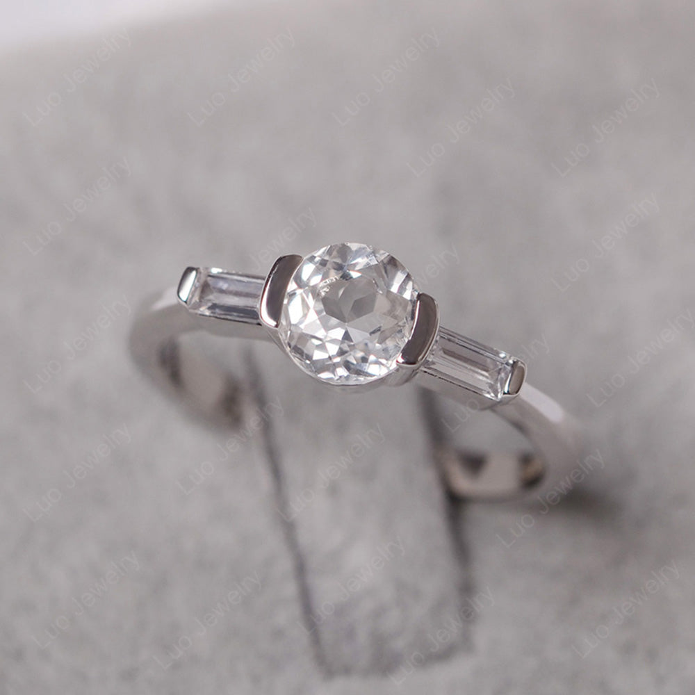 White Topaz Ring Round Cut With Baguette Side - LUO Jewelry