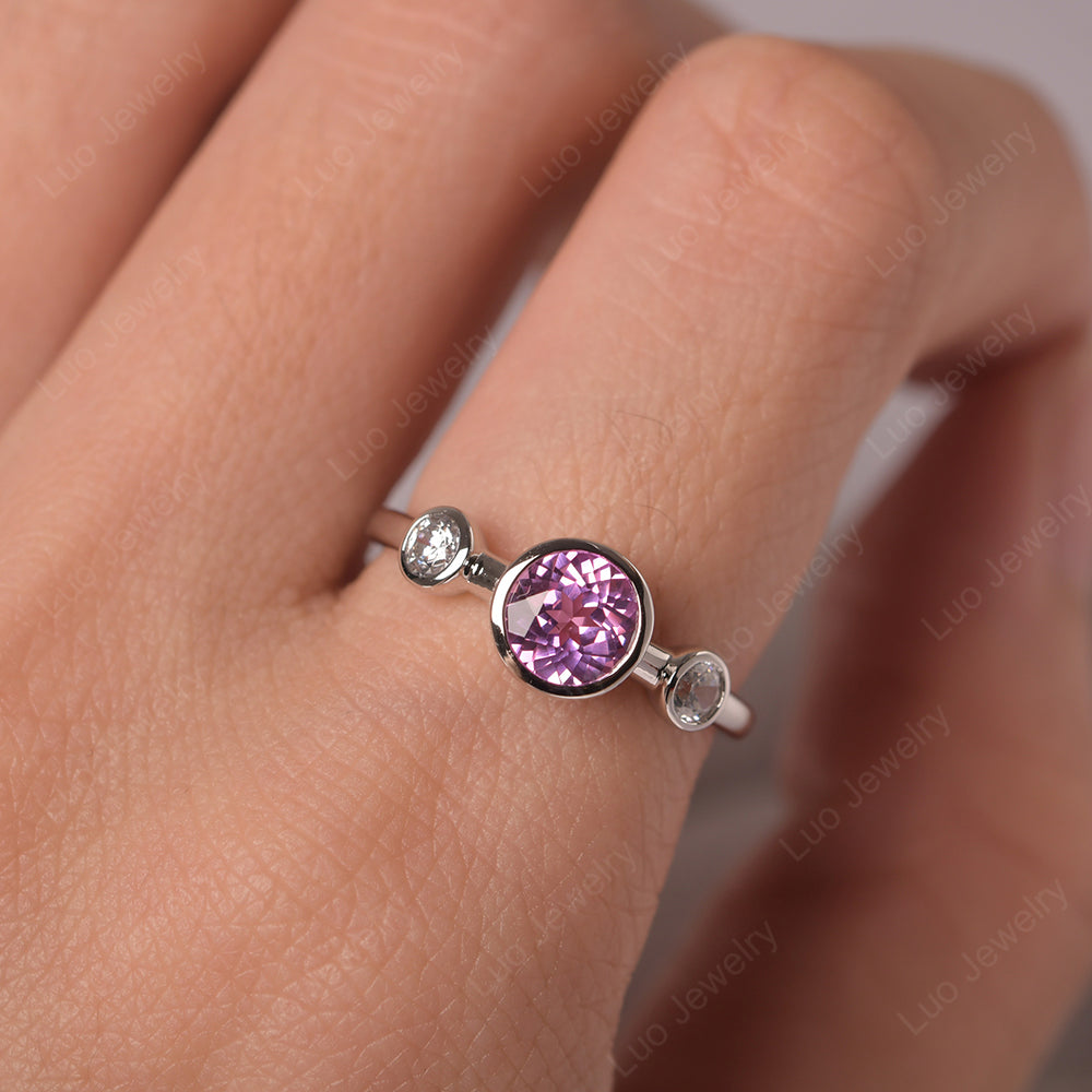 Pink Sapphire Wedding Ring 3 Stone Bezel Set Ring - LUO Jewelry