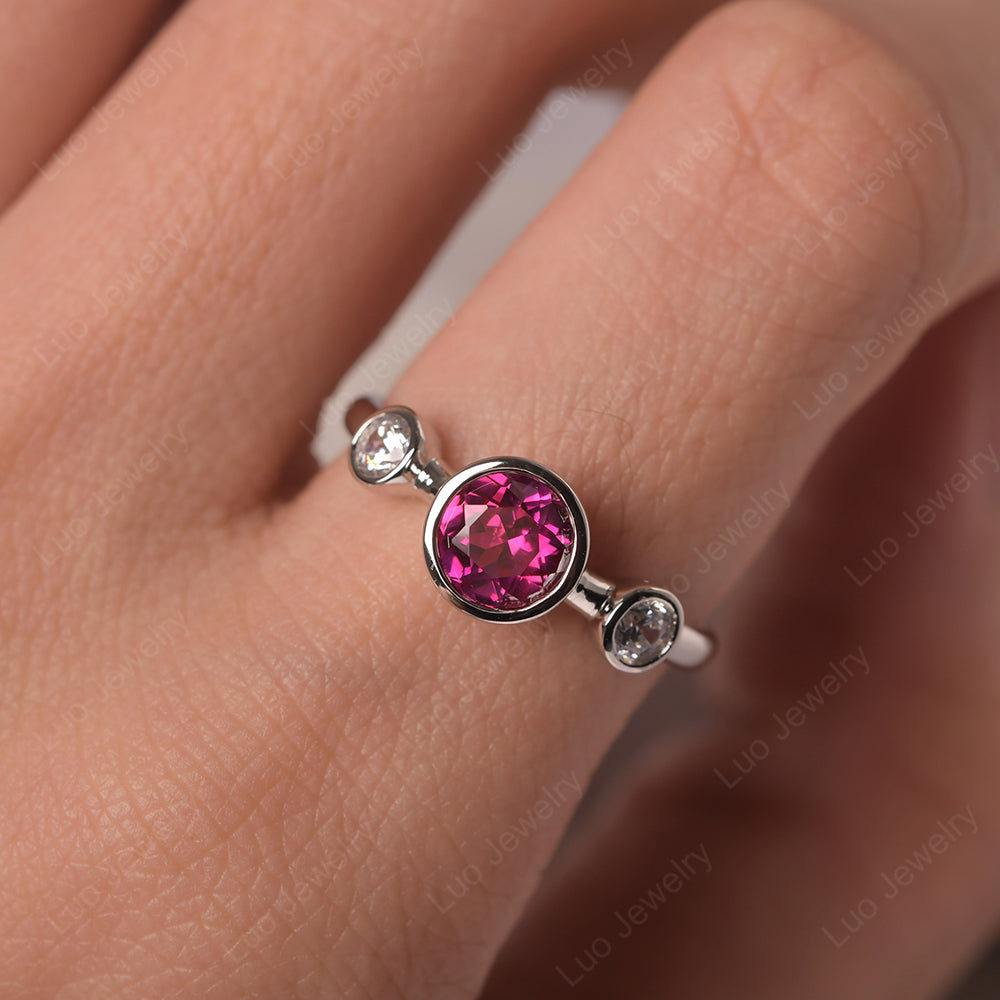 Ruby Wedding Ring 3 Stone Bezel Set Ring - LUO Jewelry