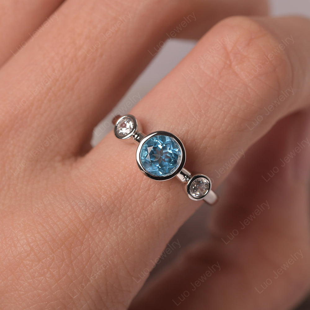 Swiss Blue Topaz Wedding Ring 3 Stone Bezel Set Ring - LUO Jewelry