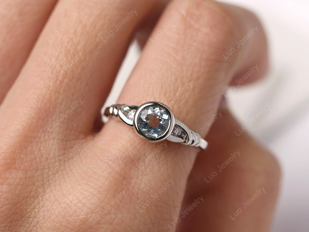 Aquamarine Ring Round Bezel Engagement Ring - LUO Jewelry