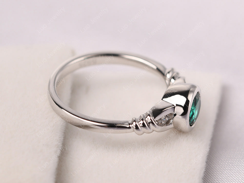 Emerald Ring Round Bezel Engagement Ring - LUO Jewelry