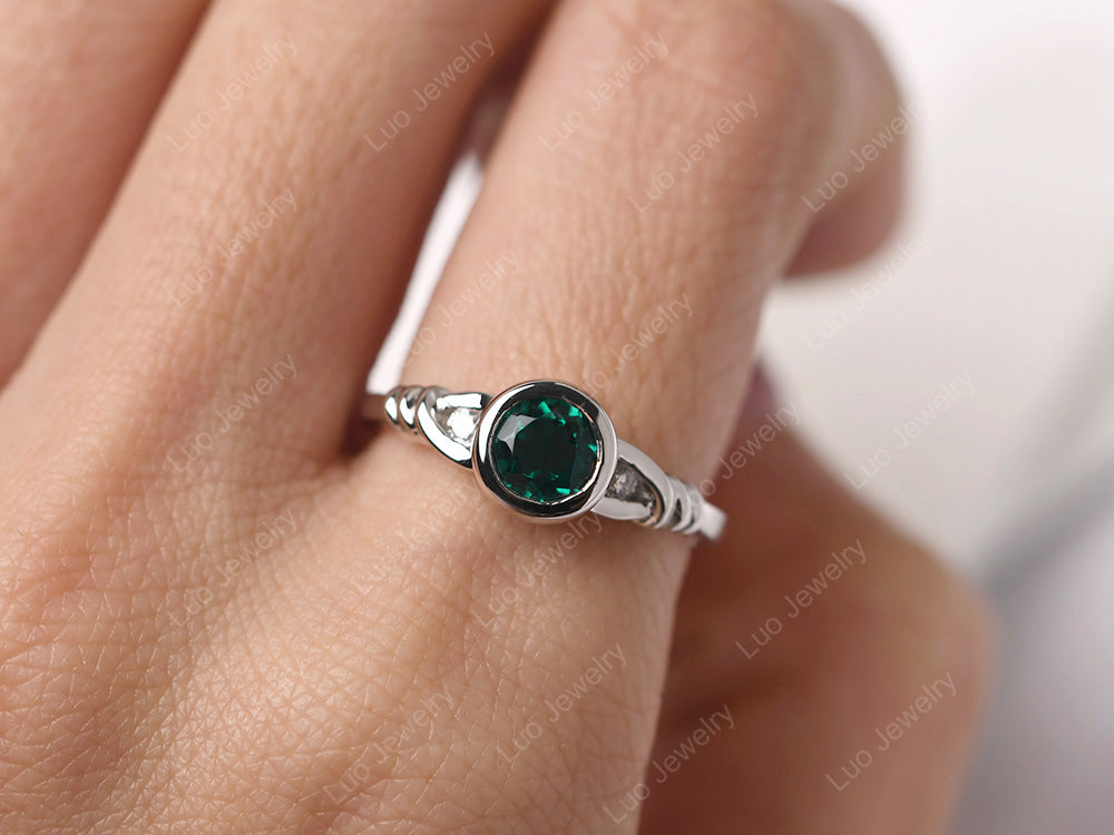 Emerald Ring Round Bezel Engagement Ring - LUO Jewelry