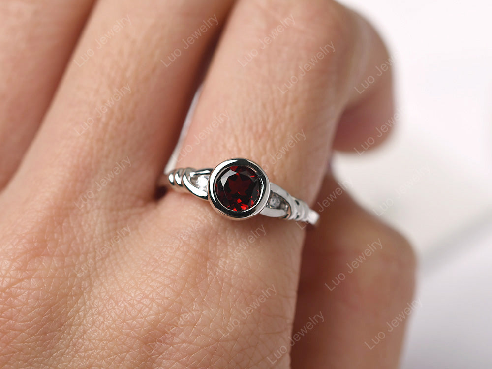 Garnet Ring Round Bezel Engagement Ring - LUO Jewelry