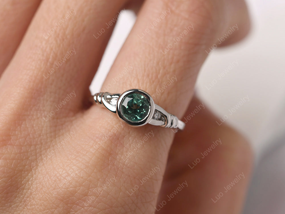 Green Sapphire Ring Round Bezel Engagement Ring - LUO Jewelry