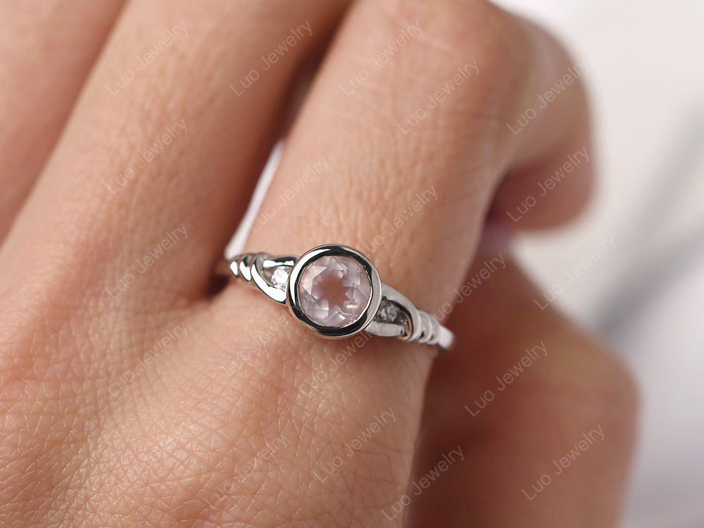 Rose Quartz Ring Round Bezel Engagement Ring - LUO Jewelry