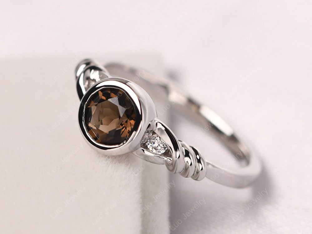 Smoky Quartz  Ring Round Bezel Engagement Ring - LUO Jewelry