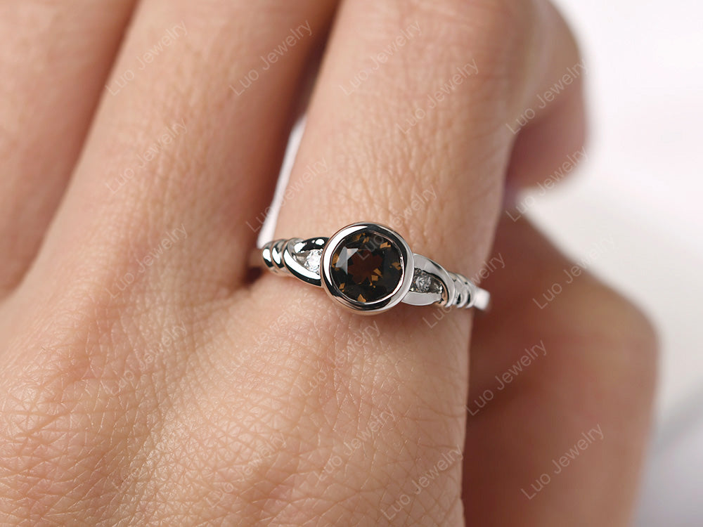 Smoky Quartz  Ring Round Bezel Engagement Ring - LUO Jewelry