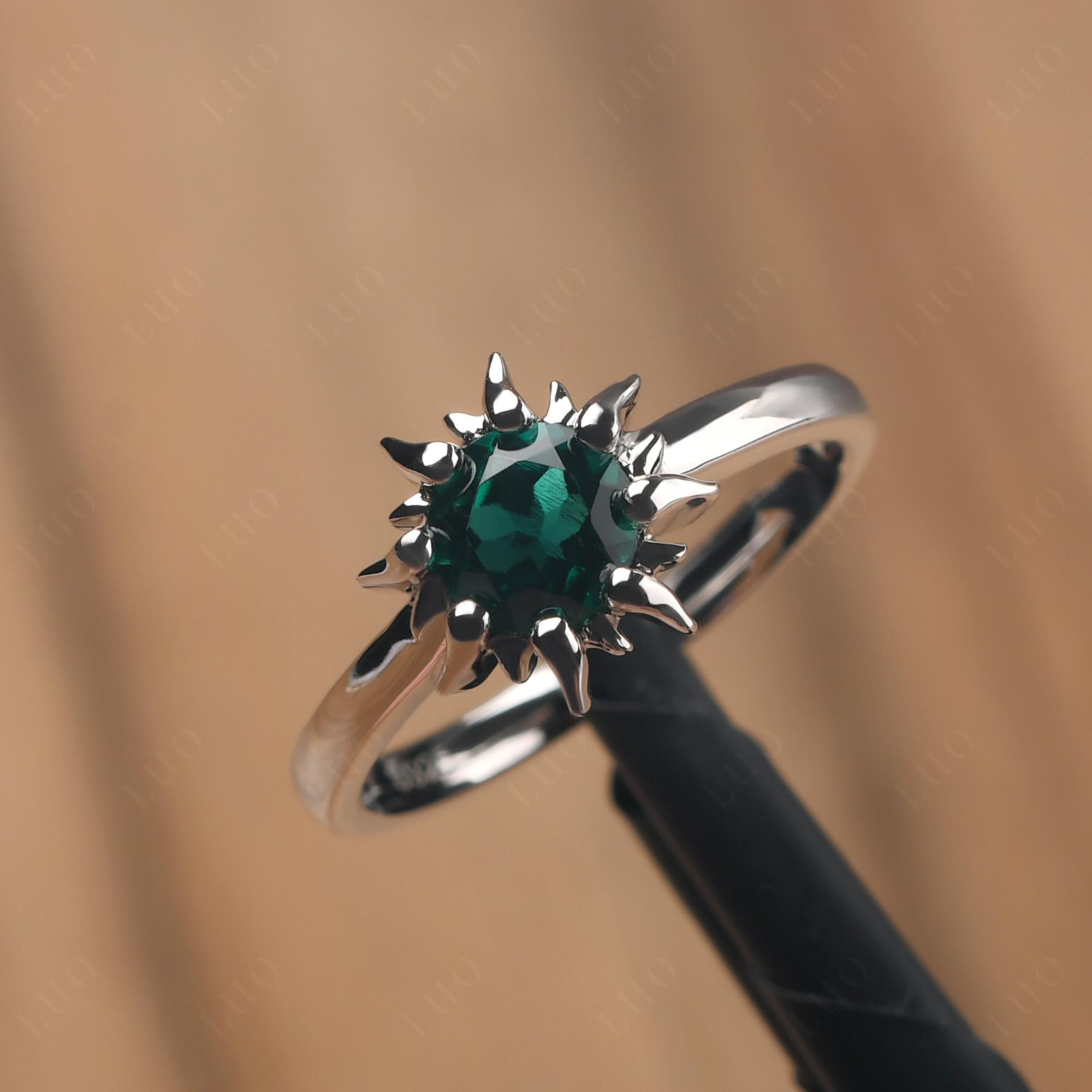 Sunburst Lab Grown Emerald Solitaire Ring - LUO Jewelry