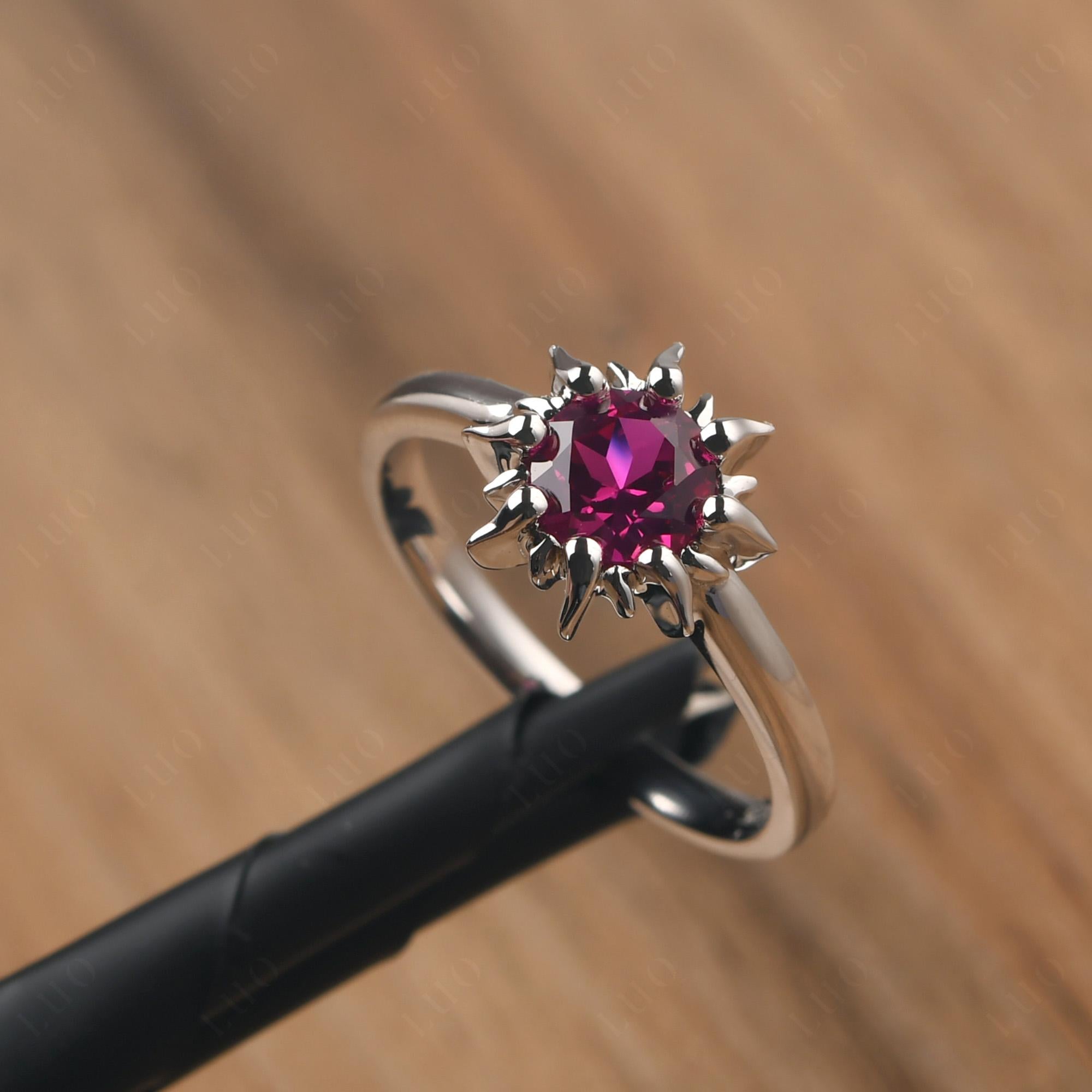 Sunburst Lab Grown Ruby Solitaire Ring - LUO Jewelry
