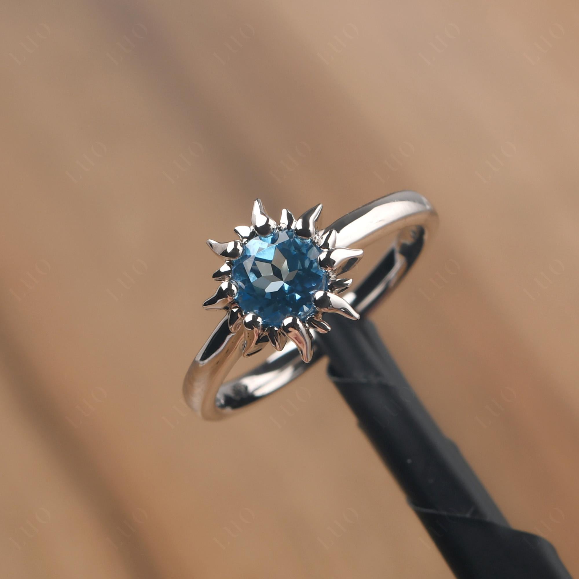 Sunburst Swiss Blue Topaz Solitaire Ring - LUO Jewelry
