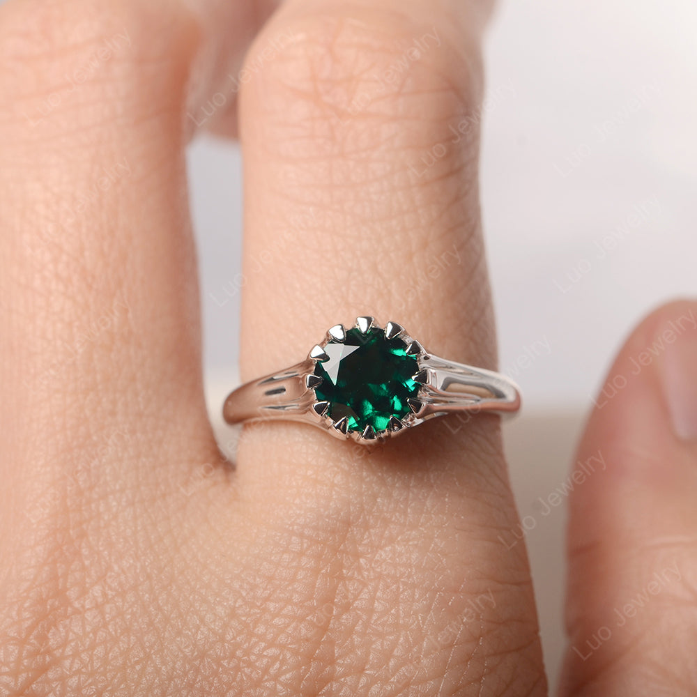 Vintage Lab Emerald Solitaire Engagement Ring - LUO Jewelry