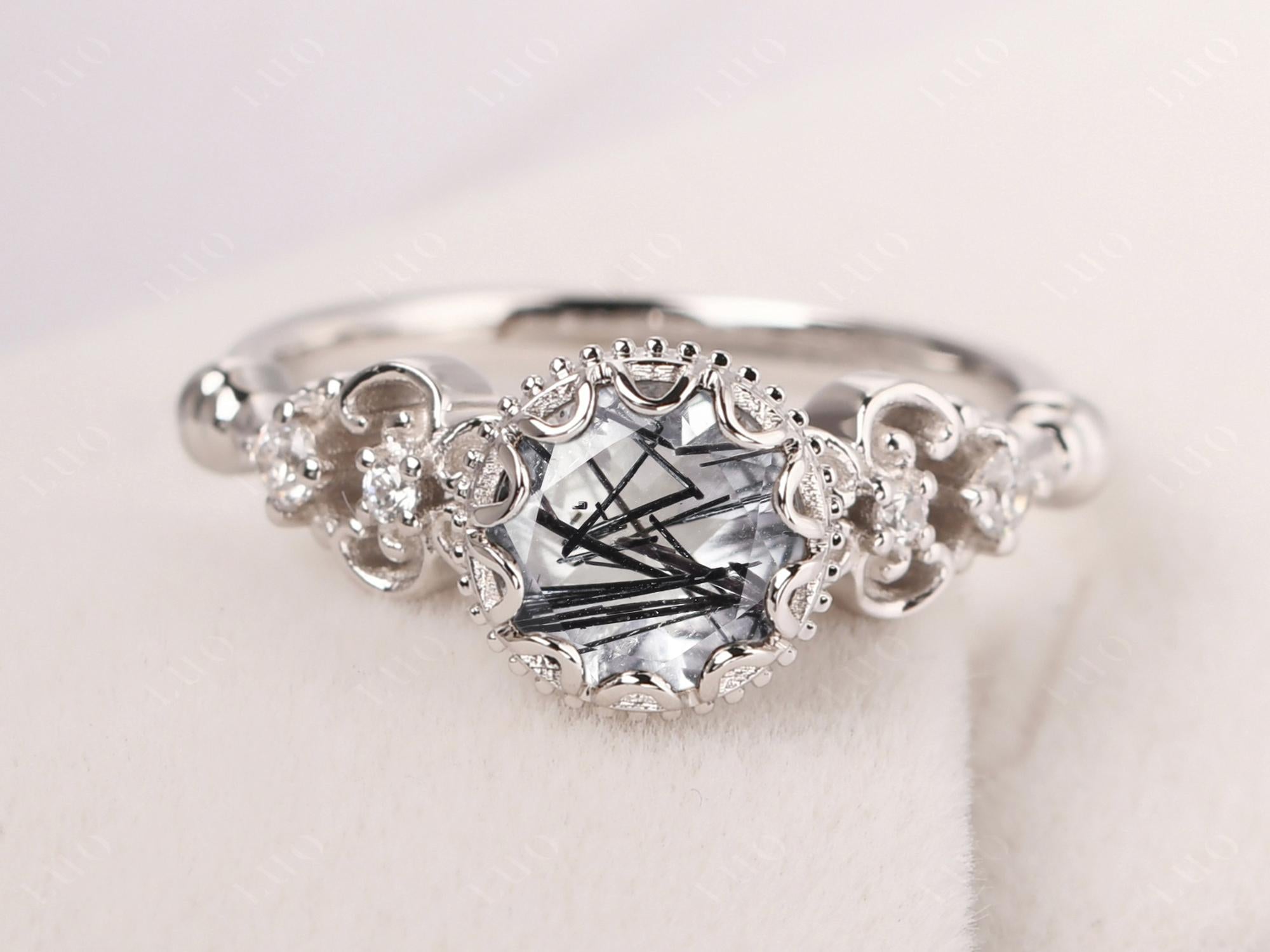 Art Deco Vintage Inspired Black Rutilated Quartz Ring - LUO Jewelry