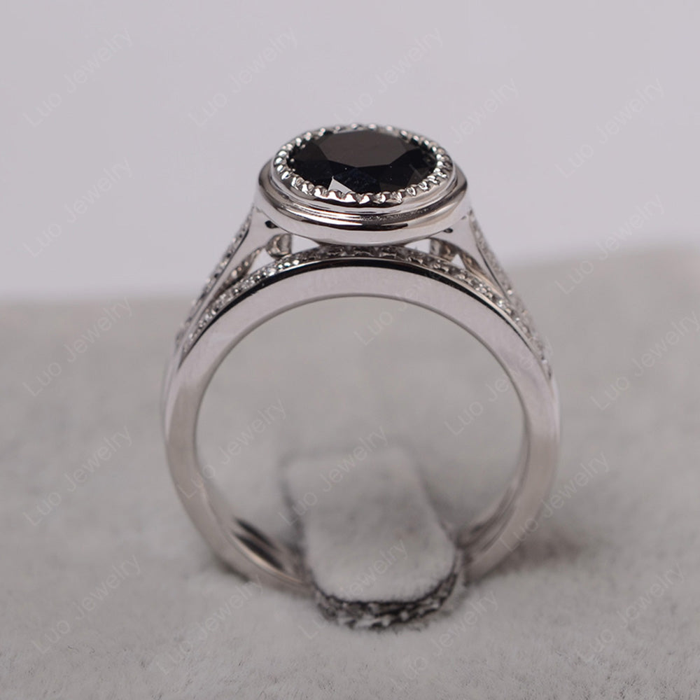 Vintage Black Spinel Bridal Ring Bezel Set Silver - LUO Jewelry