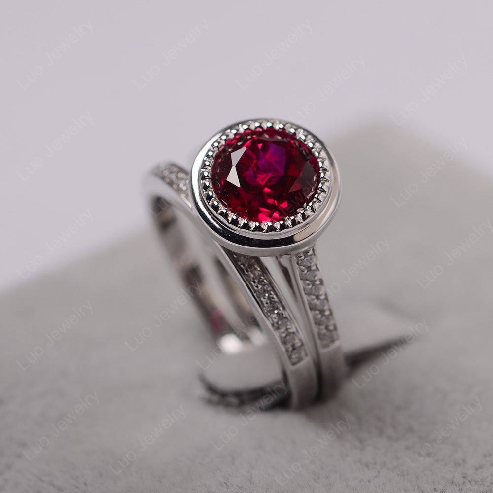 Vintage Ruby Bridal Ring Bezel Set Silver - LUO Jewelry