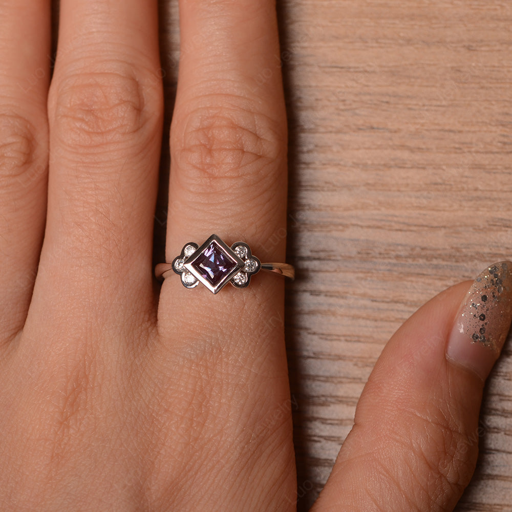 Dainty Alexandrite Ring Princess Cut Bezel Set - LUO Jewelry