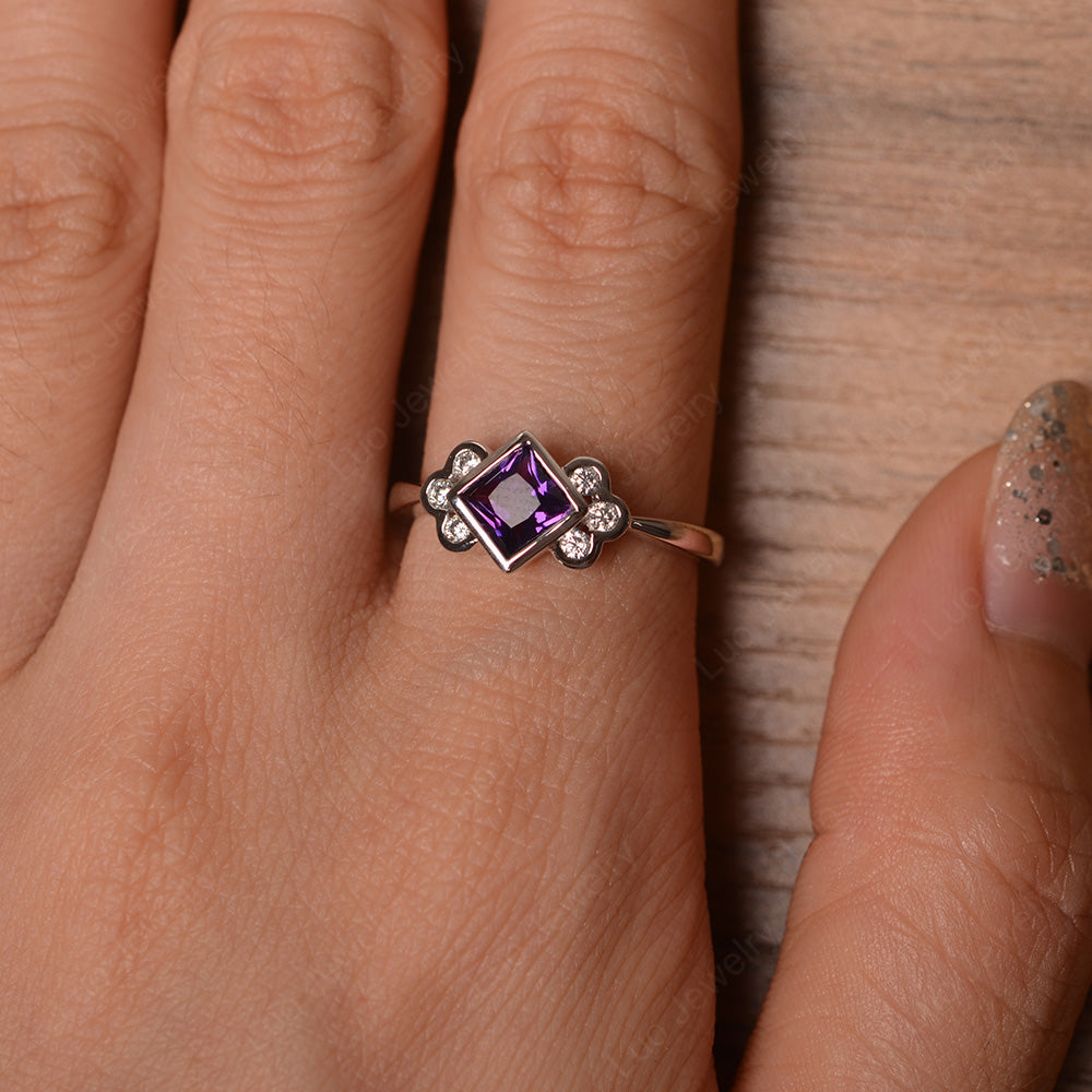 Dainty Amethyst Ring Princess Cut Bezel Set - LUO Jewelry