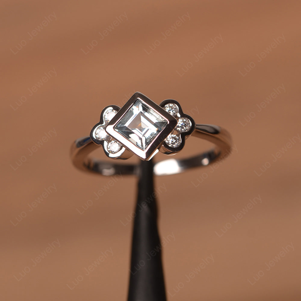 Dainty Aquamarine Ring Square Cut Bezel Set - LUO Jewelry