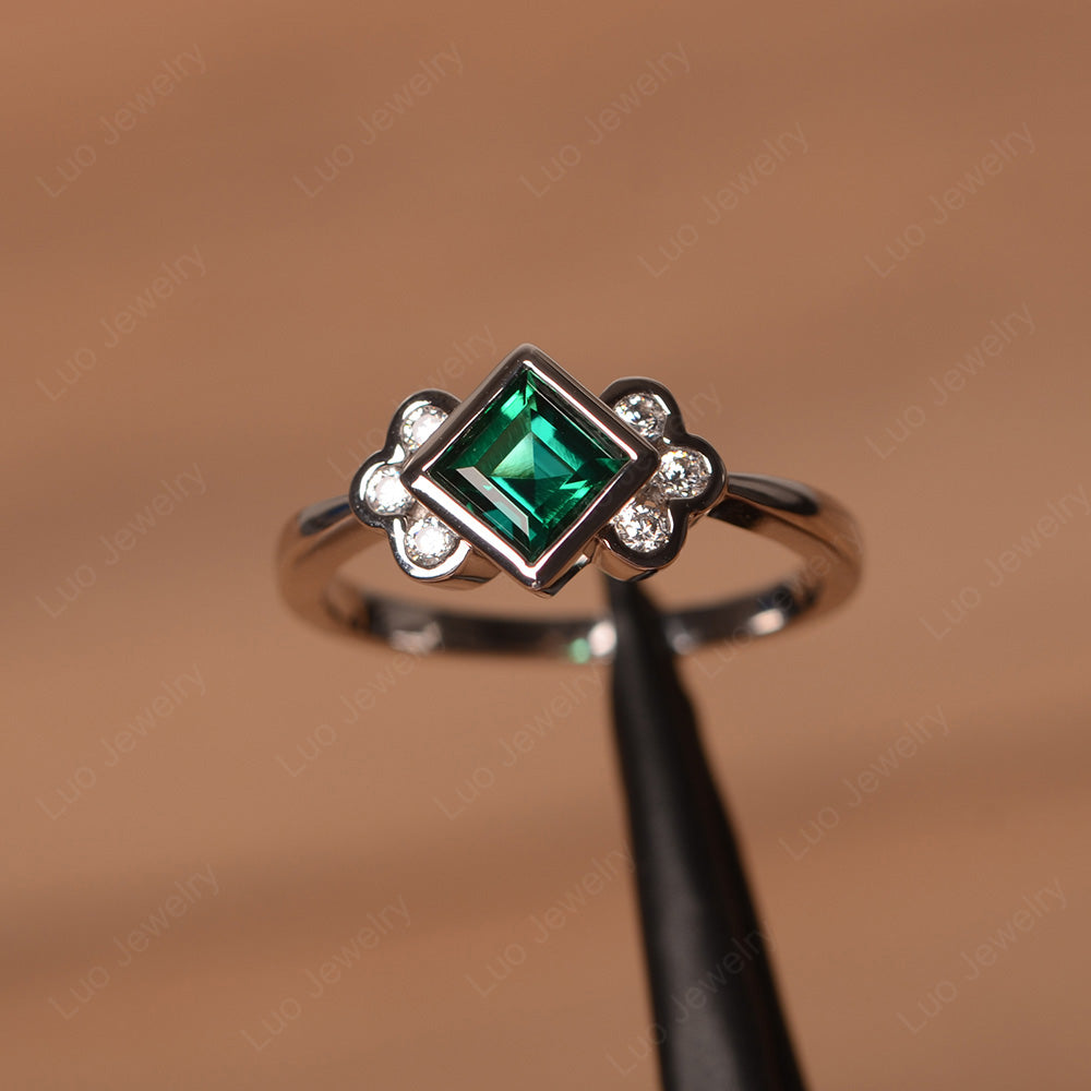Dainty Lab Emerald Ring Square Cut Bezel Set - LUO Jewelry
