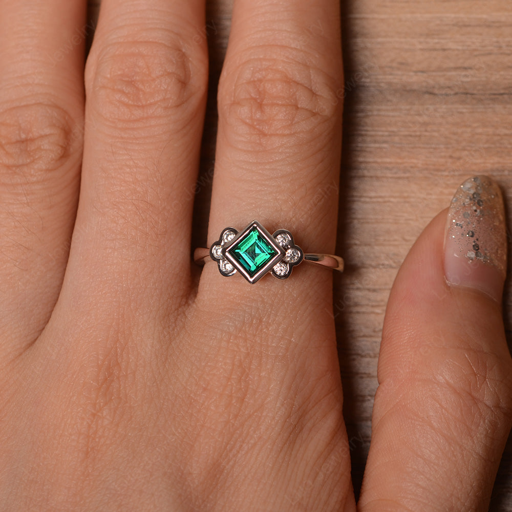 Dainty Lab Emerald Ring Square Cut Bezel Set - LUO Jewelry