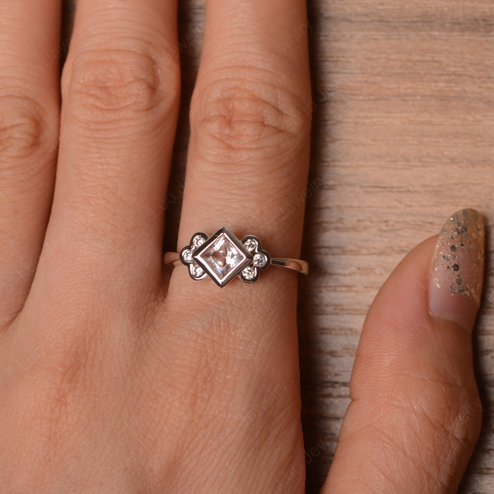 Dainty Morganite Ring Princess Cut Bezel Set - LUO Jewelry