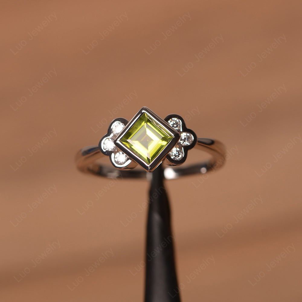 Dainty Peridot Ring Square Cut Bezel Set - LUO Jewelry