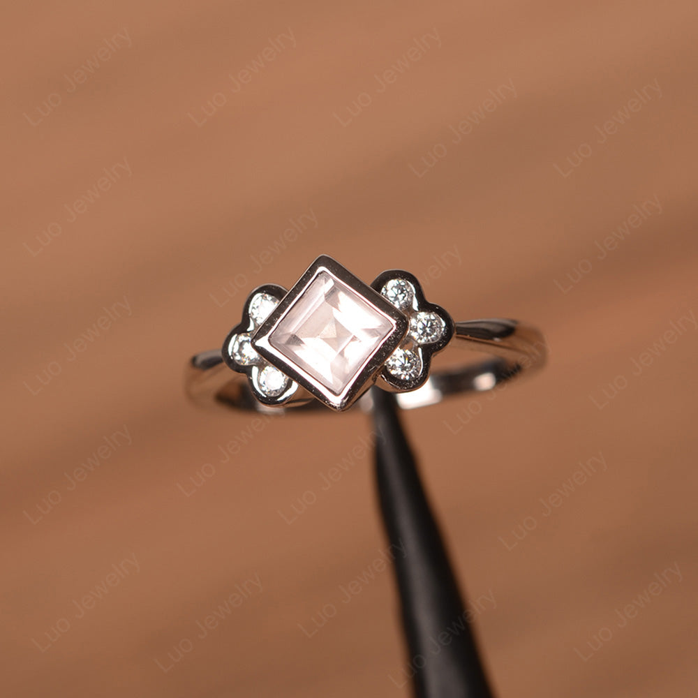 Dainty Rose Quartz Ring Square Cut Bezel Set - LUO Jewelry